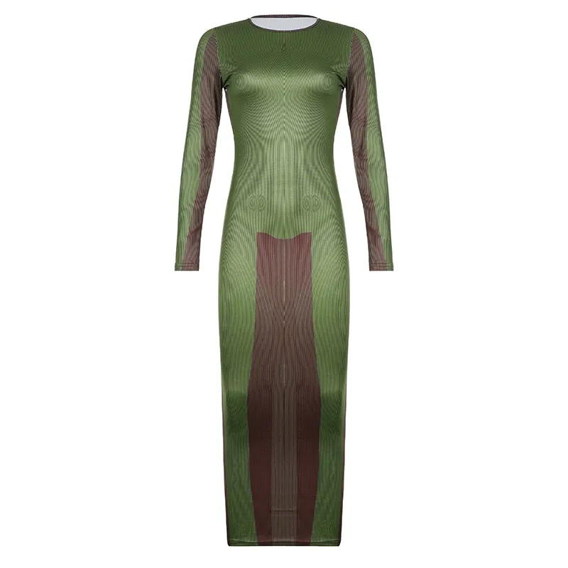 BIIKPIIK Fashion Winter Autumn Women's Clothes Long Sleeve Dress Elegant Bodycon Slim Color Contrast Printed Transparent Dresses