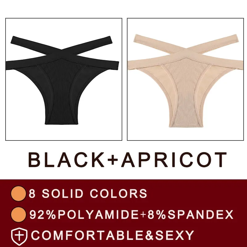 FINETOO 2PCS/Set Fashion Women's Seamless Sexy Panties Lingerie Girls Cross Strap Underwear Briefs 8 Solid Colors Woman Pantys