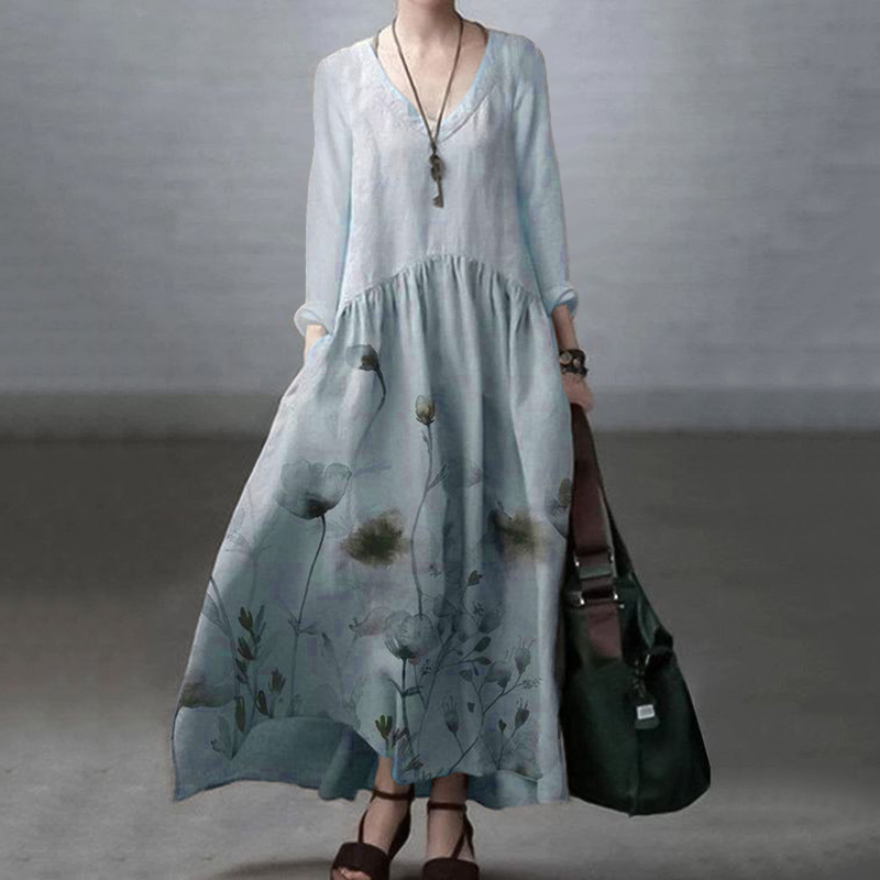 Japanese Art Floral Printed Long Sleeve V-neck Midi Dress artswardrobe