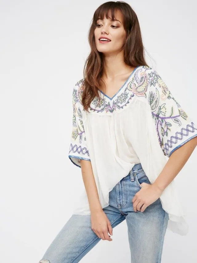 Women Shirts Beaded Embroidered V-neck Shirt