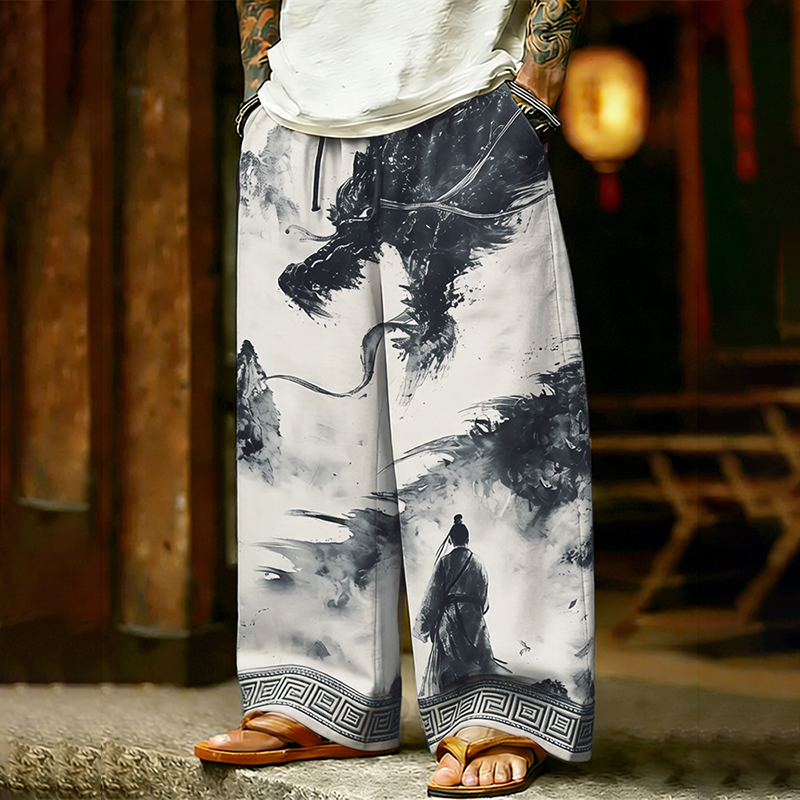 Men's Japanese Dragon Landscape Art Pattern Casual Pants elevenforest