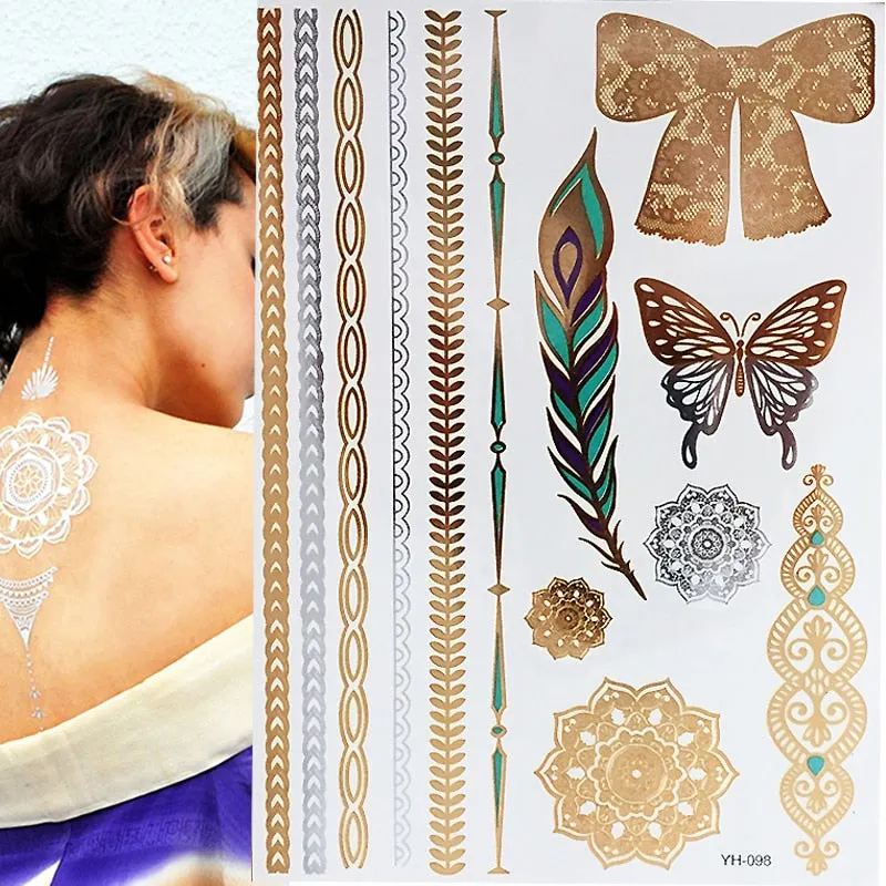 Temporary Tattoos Gold Silver Metallic Tattoo Arm Body Tattoo Cool Bracelet Style Girl DIY Golden Flash Tattoos