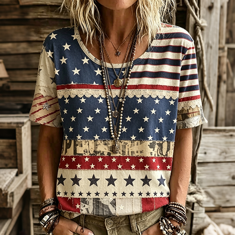 Comstylish Women's Vintage Flag Patchwork Art Print Tshirt