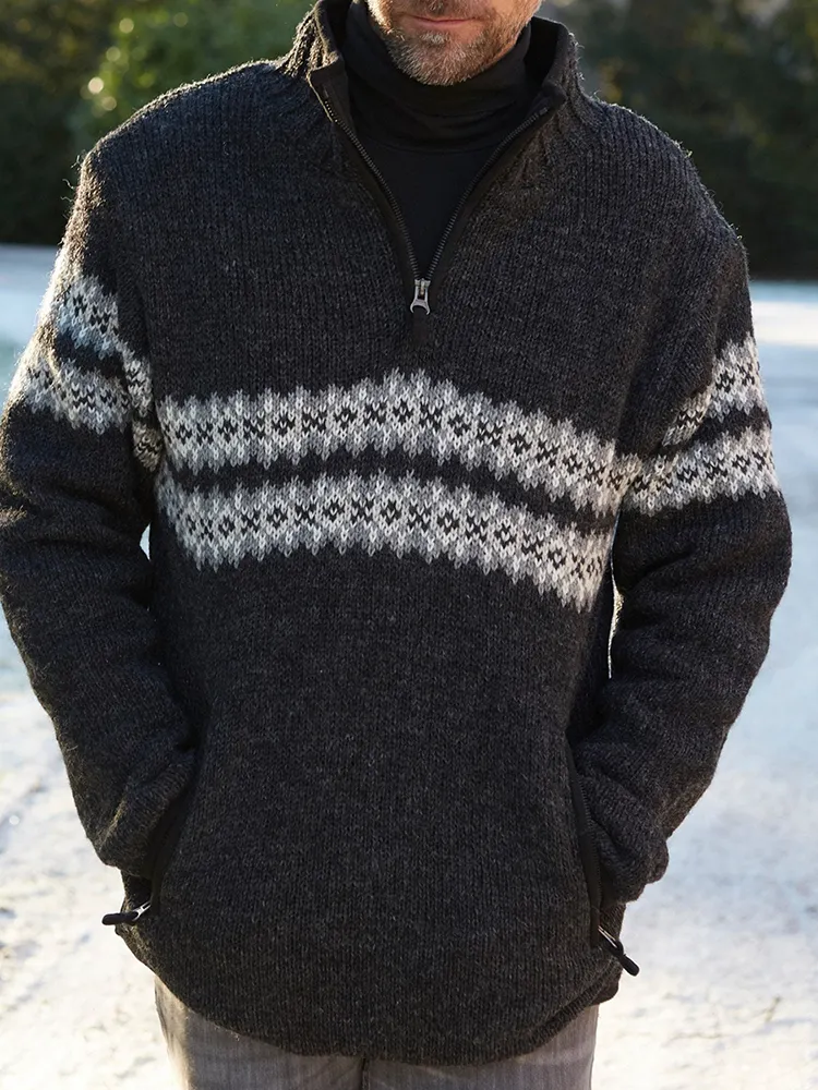 Vintage Warmth Norwool Icelandic Knit Jacquard Half Zip Collar Sweater（Unisex ）