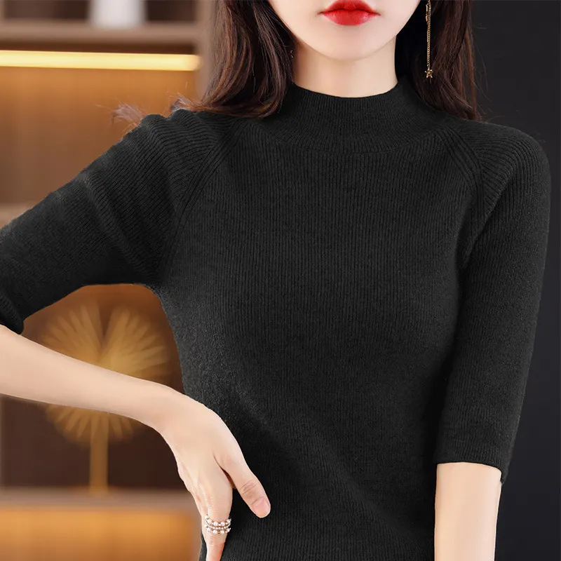Churchf Churchf Summer Slim Head Five Minute Sleeve Bottom Top New Half High Collar Solid Color Simple Medium Sleeve Sweater Women