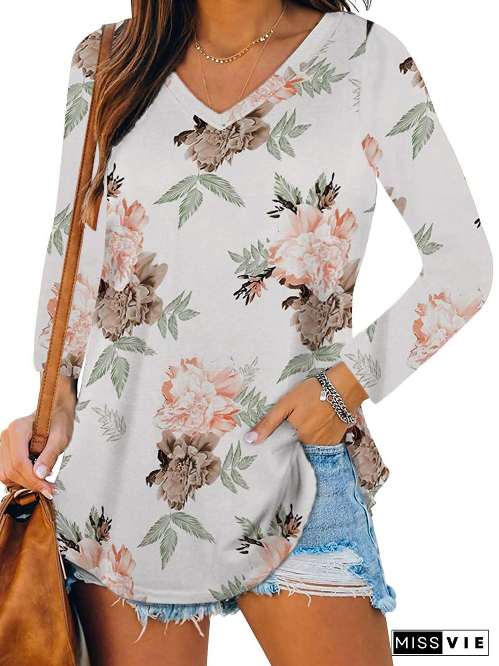 Women Long Sleeve V-neck Printed Top
