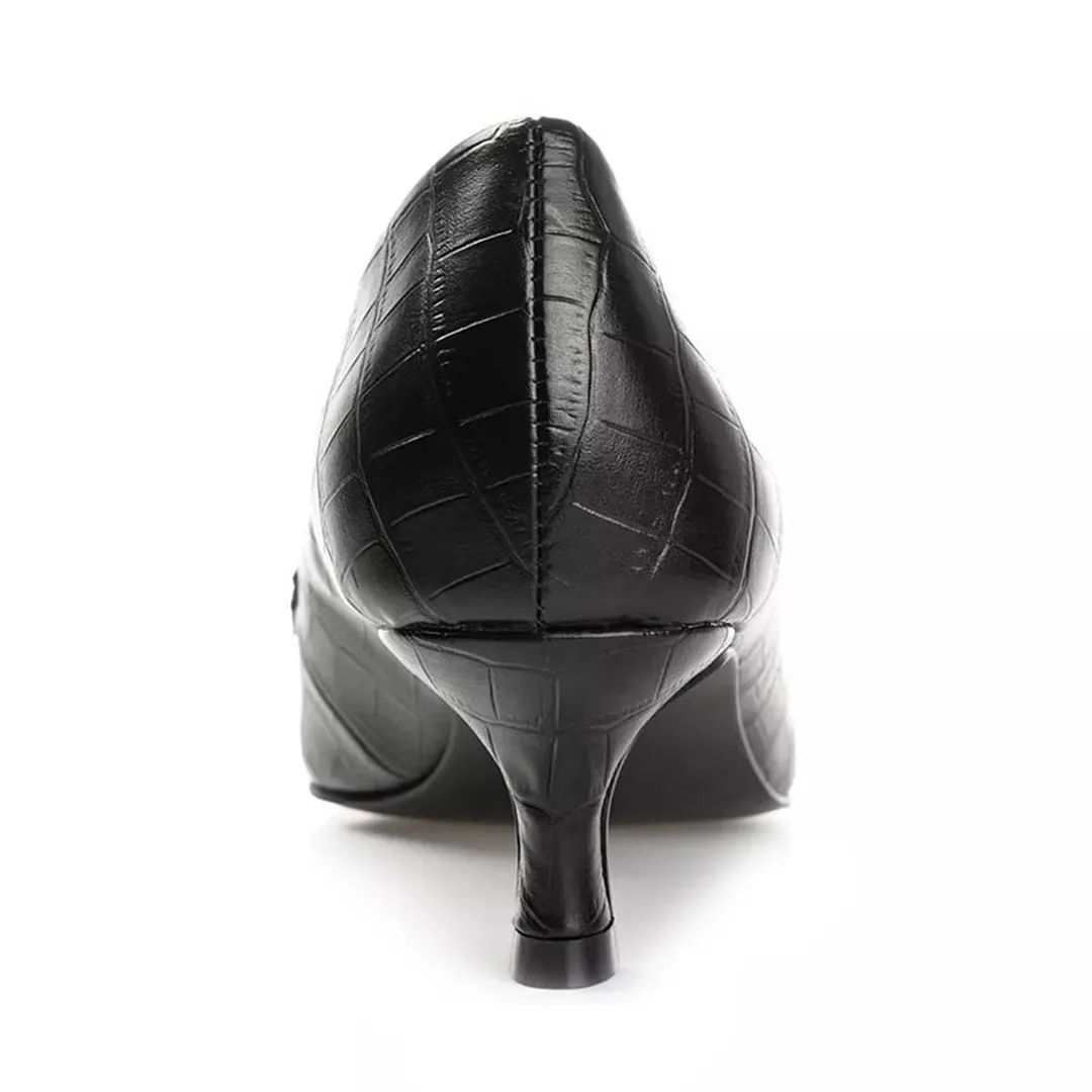 Classic Black Square Toe Crocodile Embossed Kitten Heeled Loafers