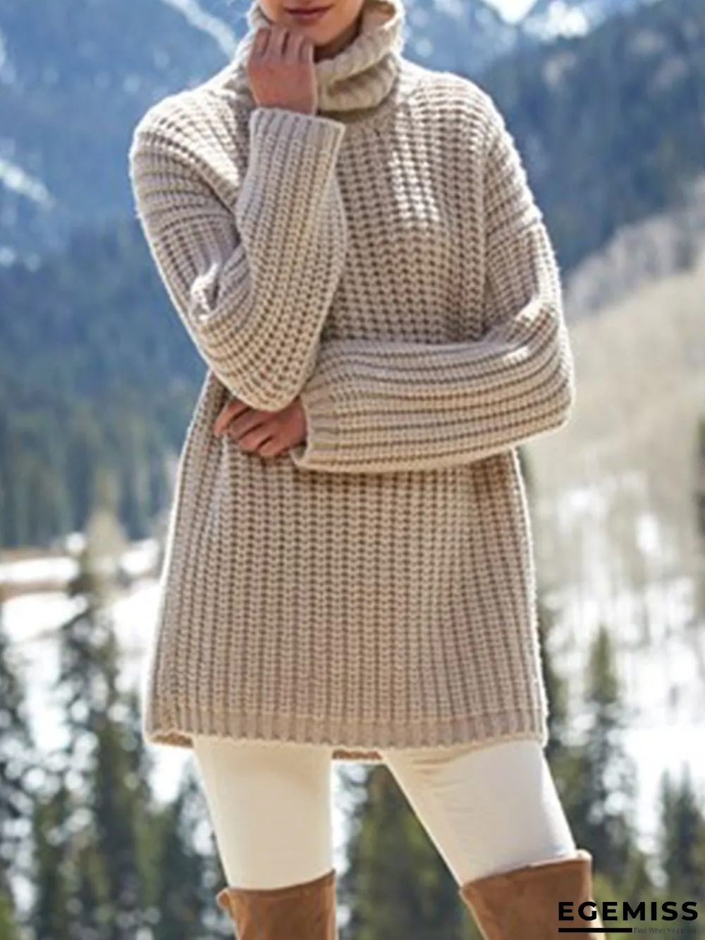 Apricot Long Sleeve Knitted Turtleneck plus size Sweater | EGEMISS