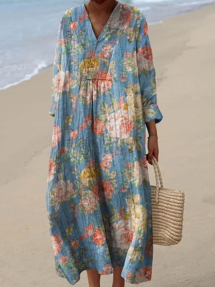 Womens Artistic Rose Flowers Pattern Print Casual Flowy Dress