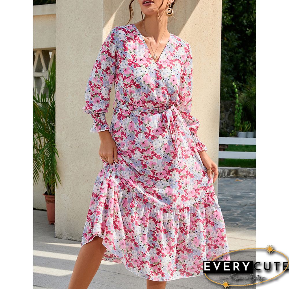 Multicolor V Neck Tie Waist Long Sleeve Floral Dress