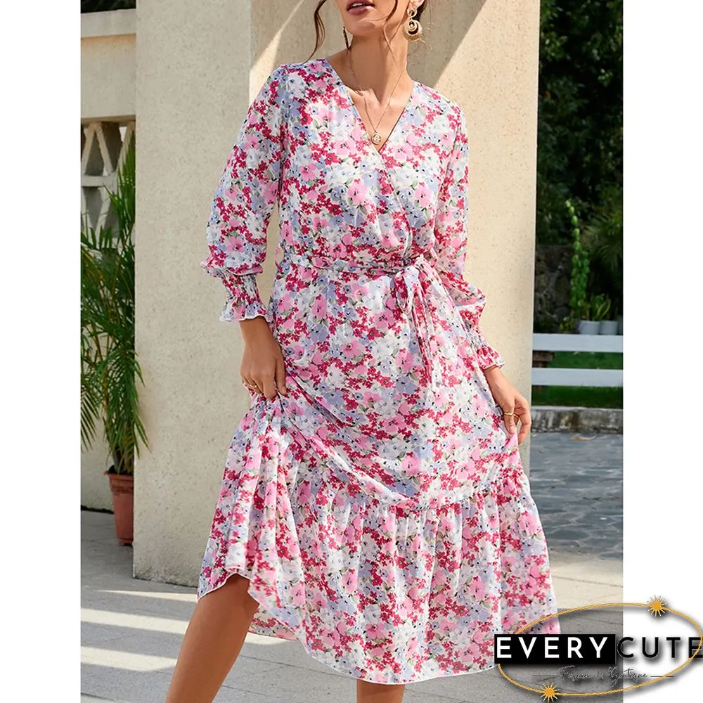 Multicolor V Neck Tie Waist Long Sleeve Floral Dress