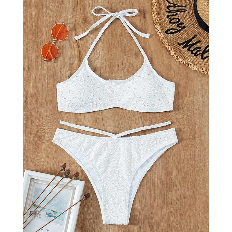 White Color Bikinis Bandeau Swimwear Women Swimsuit Sexy Ruffles Bikini Set Thong Beachwear Summer Bath Suit Hollow Out Biquini