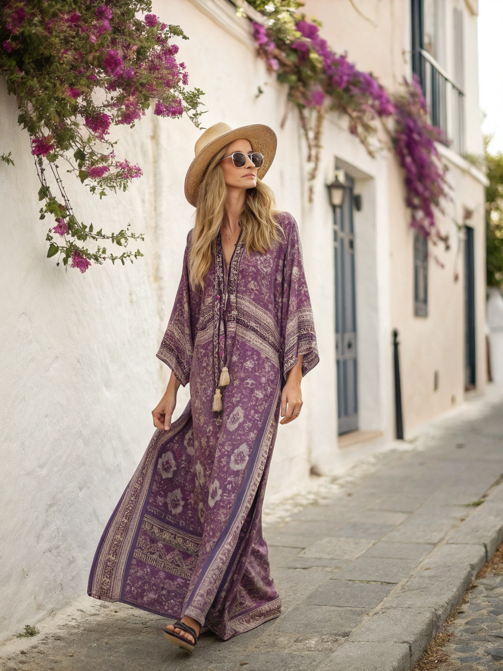 Contton & Linen Long Sleeve Kaftan Maxi Dress