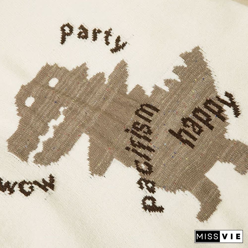 Cartoon Dinosaur Letter Print Colorblock Knit Sweater