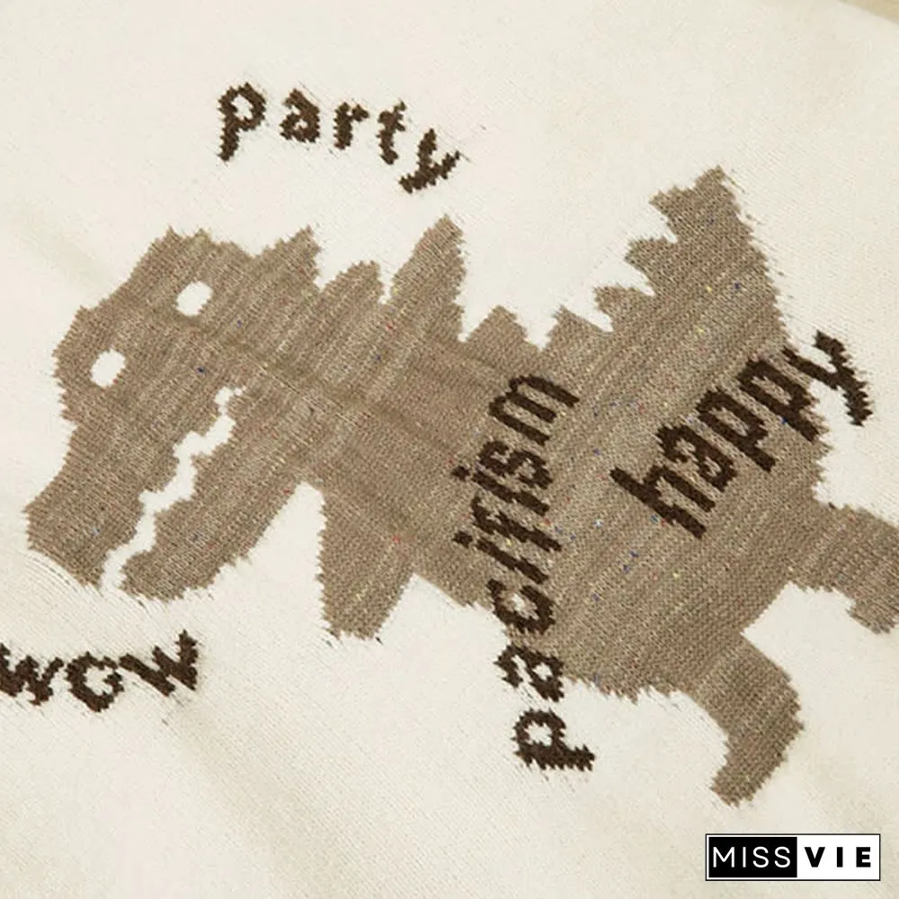 Cartoon Dinosaur Letter Print Colorblock Knit Sweater
