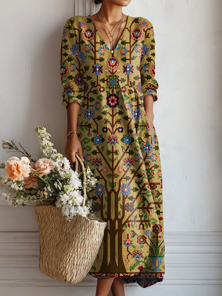 Women's Vintage Flower Art Print Linen Pocket Dress