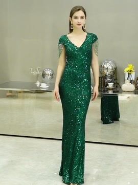 Women's V Neck Sequined Wedding Evening Mermaid Dress Bridal Gowns