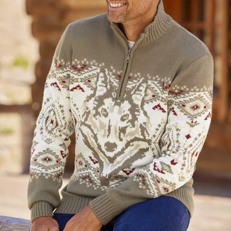 Vintage Wolf King Knit Jacquard Icelandic Half Zip Collar Sweater