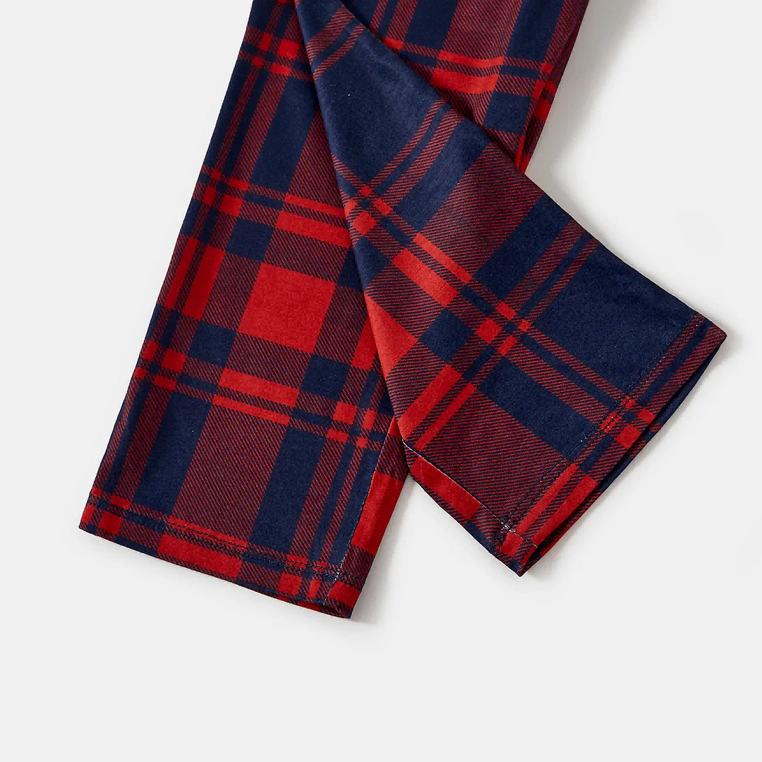 Green Christmas Tree "Merry Christmas" Letter Print Blue Long Sleeve Top with Red & Blue Plaid Couple Matching Pajamas