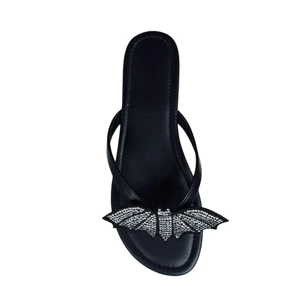 Black Open Toe Flat Rhinestone Bat Flip Flop Women's Sandals