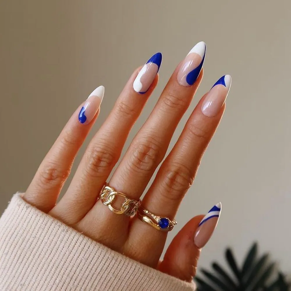 Detachable Almond Round Wavy False Nails Detachable Stiletto Fake Nails Full Cover French Ballerina Nail Tips Press On Nails-Nail Inspo
