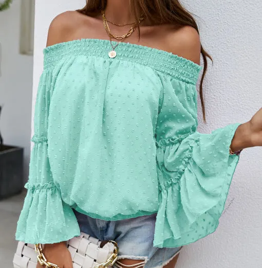 Brownm Long Dot Sleeve Chiffon Off-shoulder Off-the-neck Hollow-out Loose Top