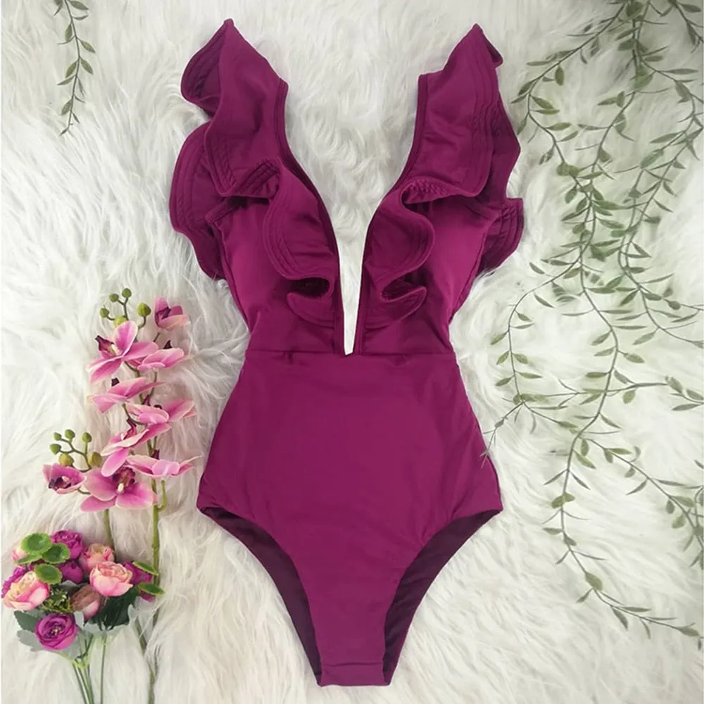 2022 New Sexy Ruffle Print Floral One Piece Swimsuit Off The Shoulder Swimwear Women Solid Deep-V Beachwear Bathing Suit Monkini