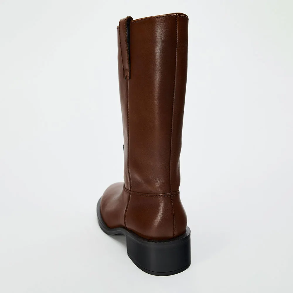 Classic Brown Round Toe Chunky Heel Pull Strap Wide Mid Calf Boots