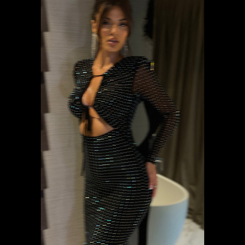 Ootddress Glitter Hollow Out See-Through Maxi Dress Female Sexy Lace-Up Club High Waist Patchwork Sparkle Bandage Women Long Dress 23 Ootddress Glitter Hollow Out See-Through Maxi Dress Female Sexy Lace-Up Club High Waist Patchwork Sparkle Bandage Women Long Dress