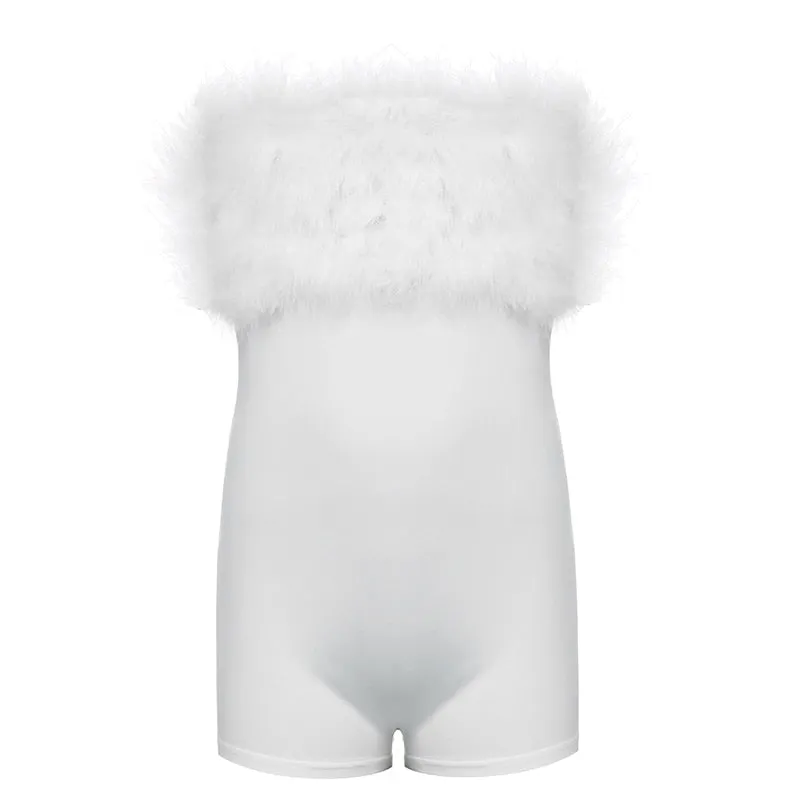 BIIKPIIK Tassel Stitching Party Evening Playsuits White Fur Sexy Club Outfit For Women Elegant One-pieces Bodycon Shorts Romper