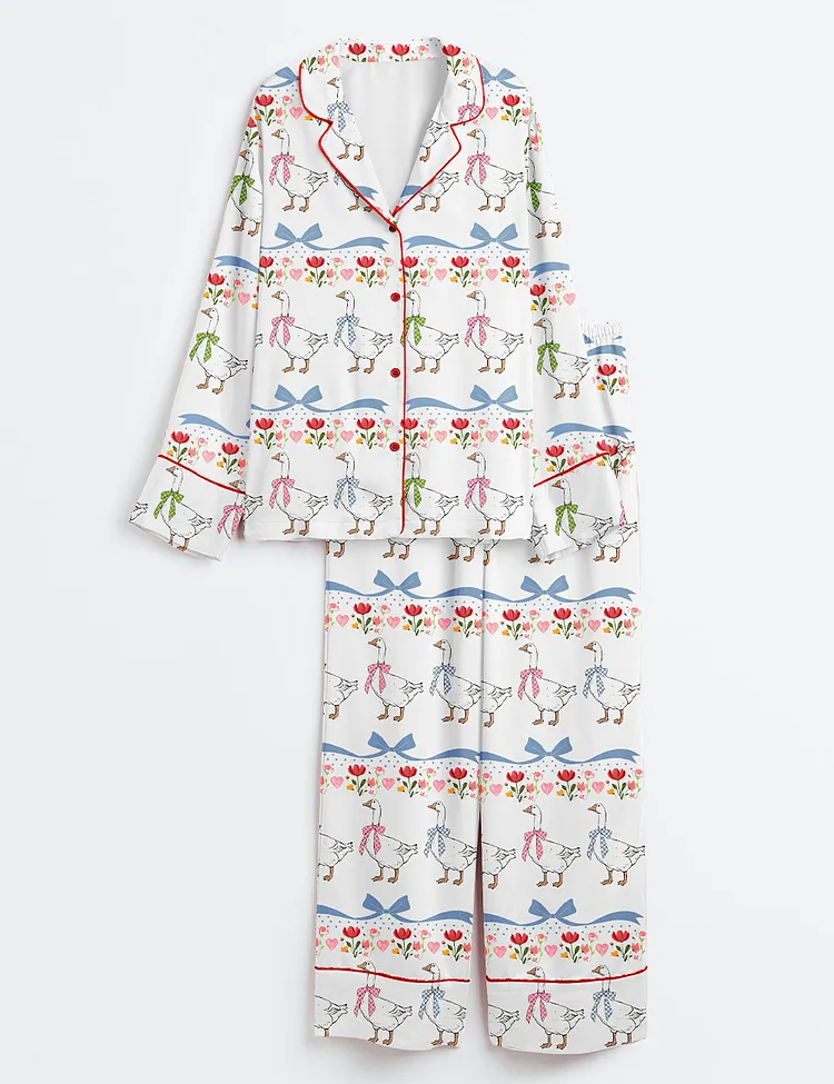 Women&rsquo;s Vintage Goose Blue Ribon Trendy Cute Goose Print Long Sleeve Satin Pajama Set