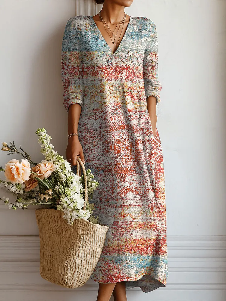 Women's Vintage Pattern Art Print Linen Pocket Dress