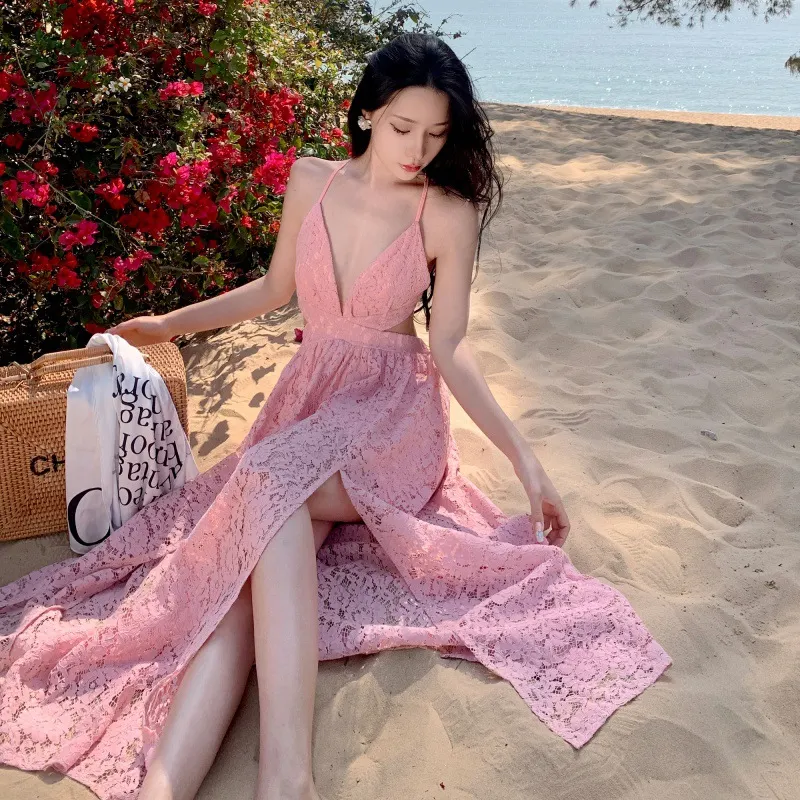 Churchf Churchf First Love Foreign Gas Lace Hollow Out Sexy Big Dew Back Deep Collar Long Money Big Place Dress Sanya Seaside Vacation