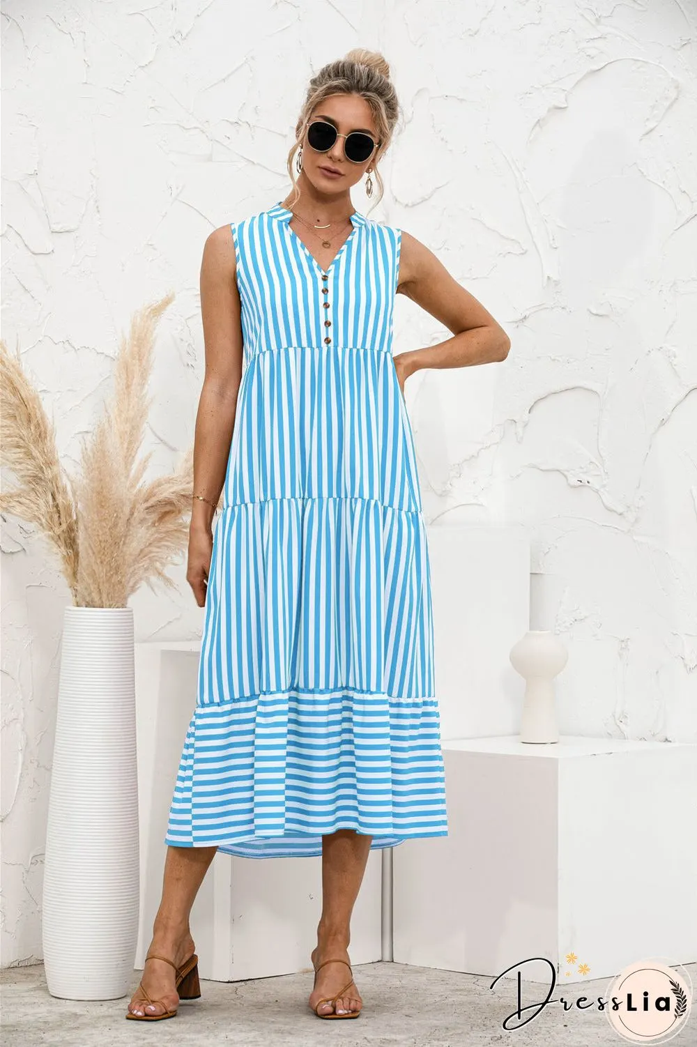 V-neck Striped Button Stitching Dress