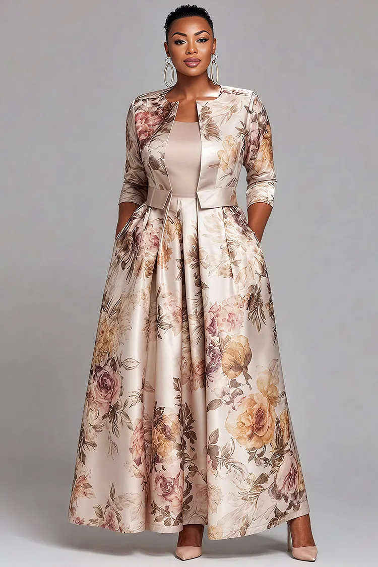 Xpluswear Design Plus Size Formal Champagne Floral 3/4 Sleeve Pocket Elegant Pleated Satin Two Piece Skirt Sets  2024 - Xpluswear