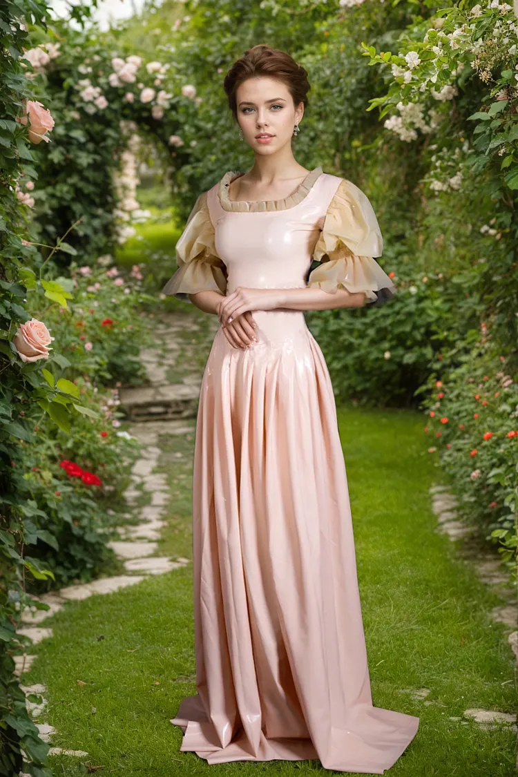 Women Latex Dress Baby Pink Sheer Puff