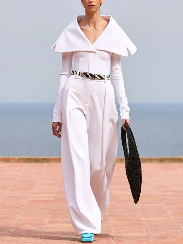 Long Sleeves Solid Color V-Neck Blouses&Shirts Tops&Pants Bottoms Two Pieces Set