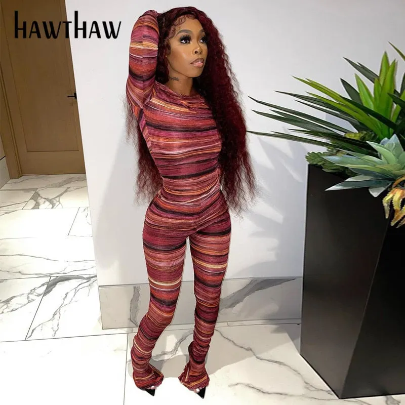 Hawthaw Women Autumn Long Sleeve Striped Printed T Shirt Tops Long Pant Two Piece Set Suit 2021 Fall Clothes Wholesale Items