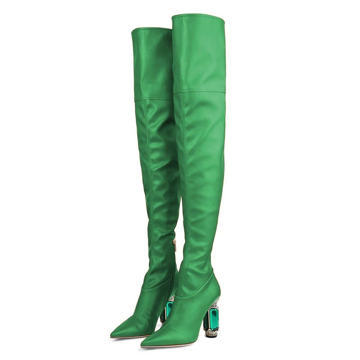 Green Pointed Toe Fashion Thigh High Boots with Decorative Heel Nicepairs