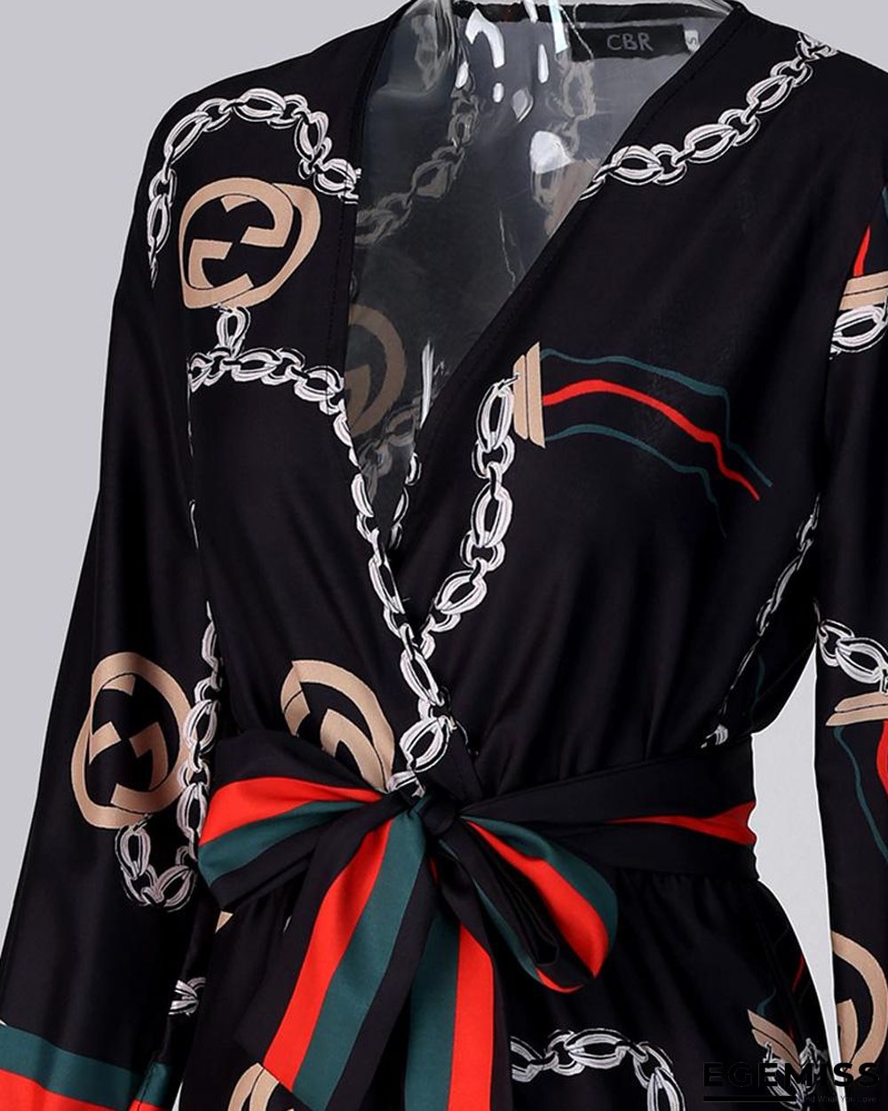 Long Sleeve Chain Baroque Print Dress Black Dresses | EGEMISS