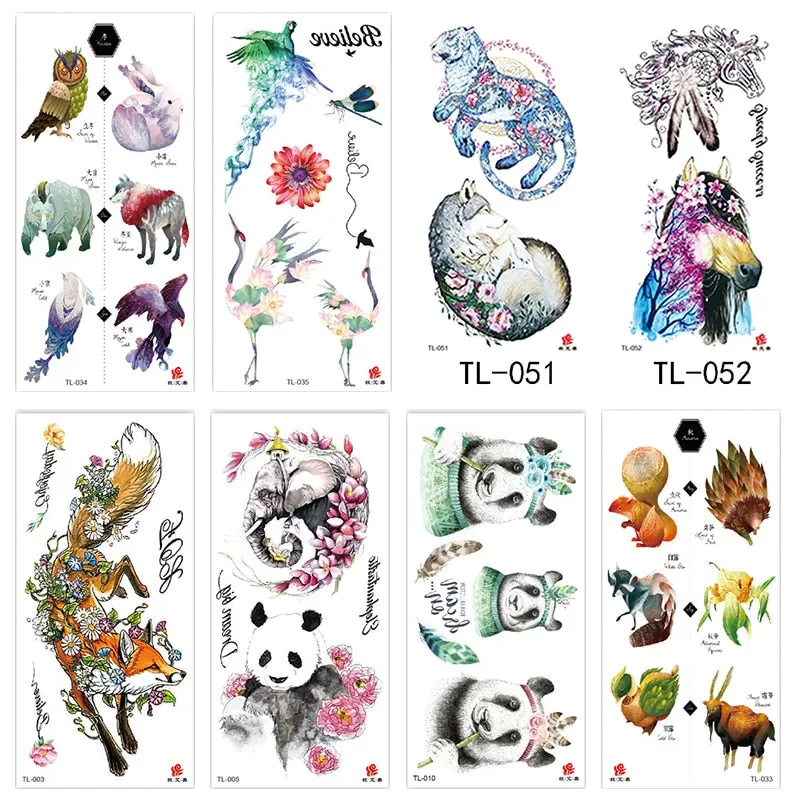 1~8 pieces of animal plants wolf bear bird art tattoo stickers disposable waterproof temporary tattoo stickers for men and women
