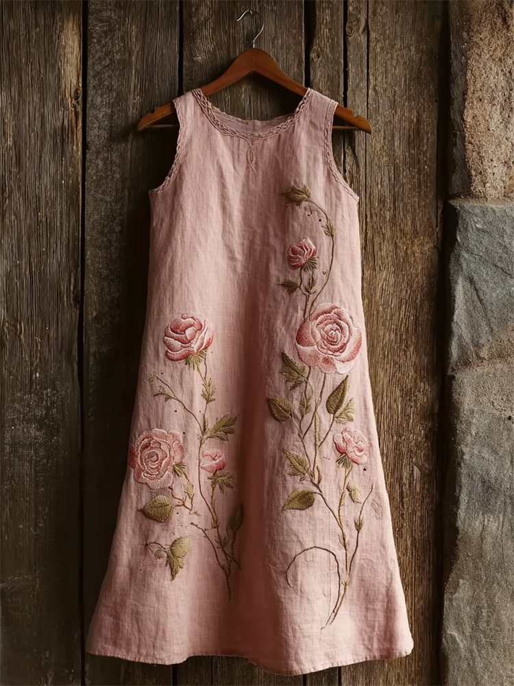 Vintage Pink Roses Classy Linen Mini Dress elevenforest