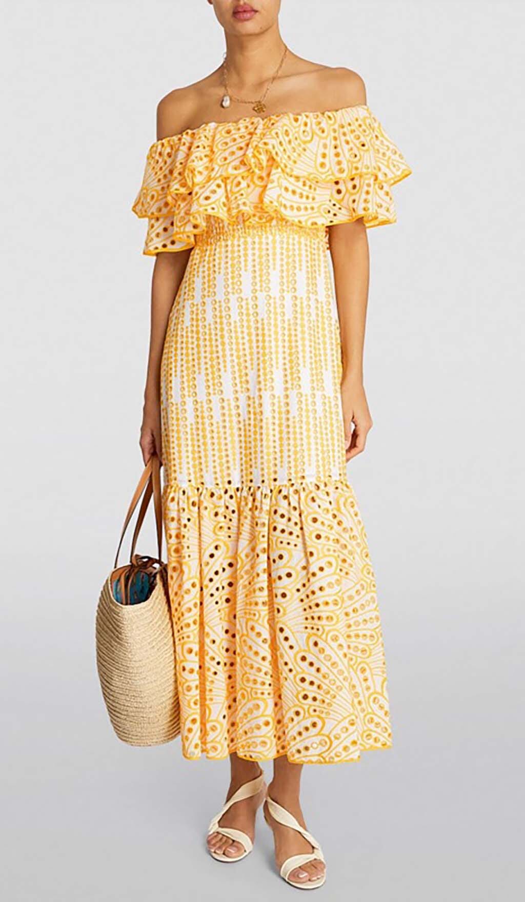 Ruffle Cold Shoulder Midi Dress In Yellow Flowering Girl