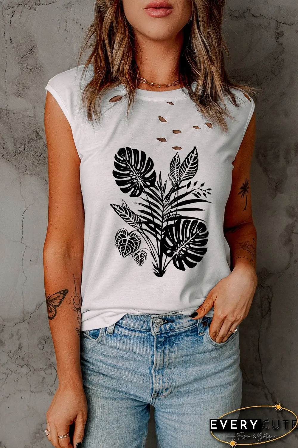 White Tropical Palm Leaves Print Ripped Crew Neck Tank Top