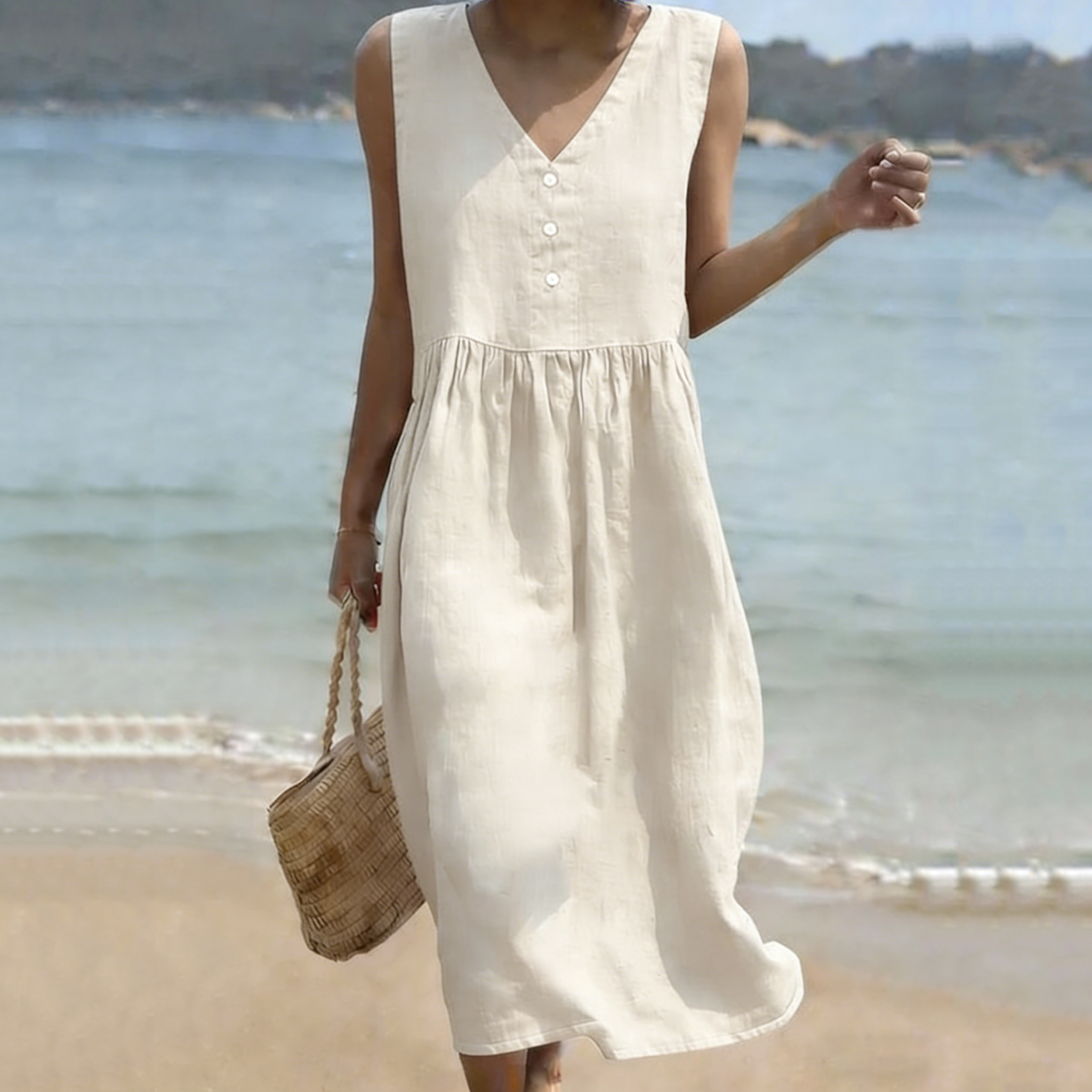 Women's Solid Color Sleeveless A-line Linen Blend Dress elevenforest