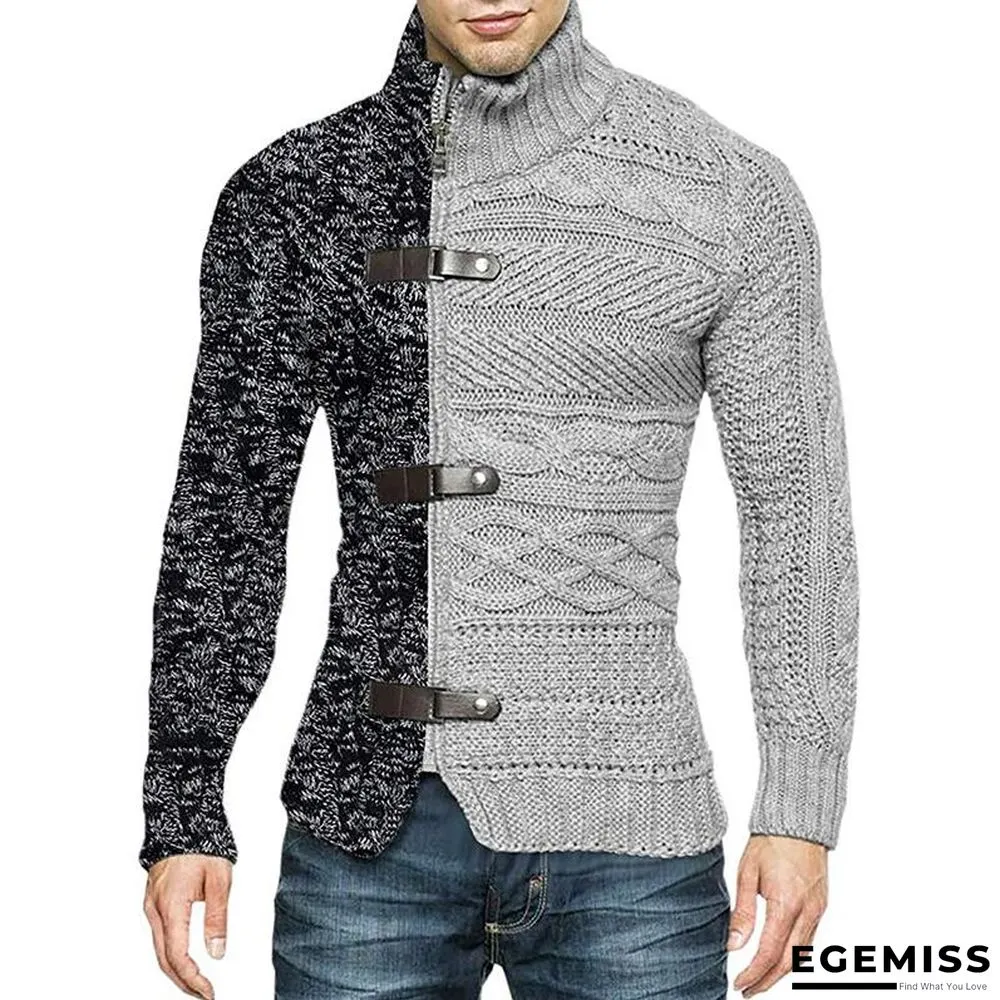 High Neck Sweater Men's Color Matching Leather Buckle Long Sleeve Knitted Cardigan | EGEMISS