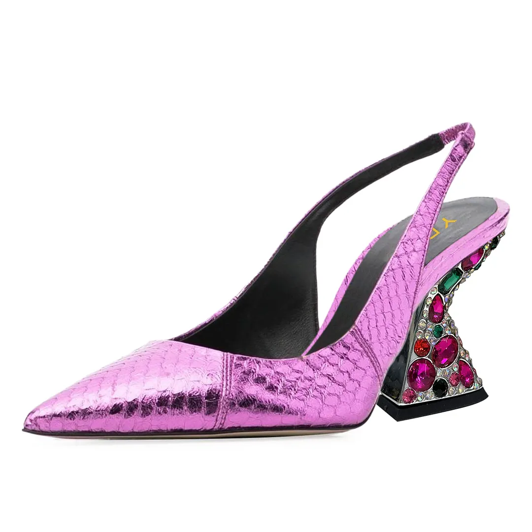 Purple Metallic Touch Croc-Embossed Pointed Slingback Party Pumps
