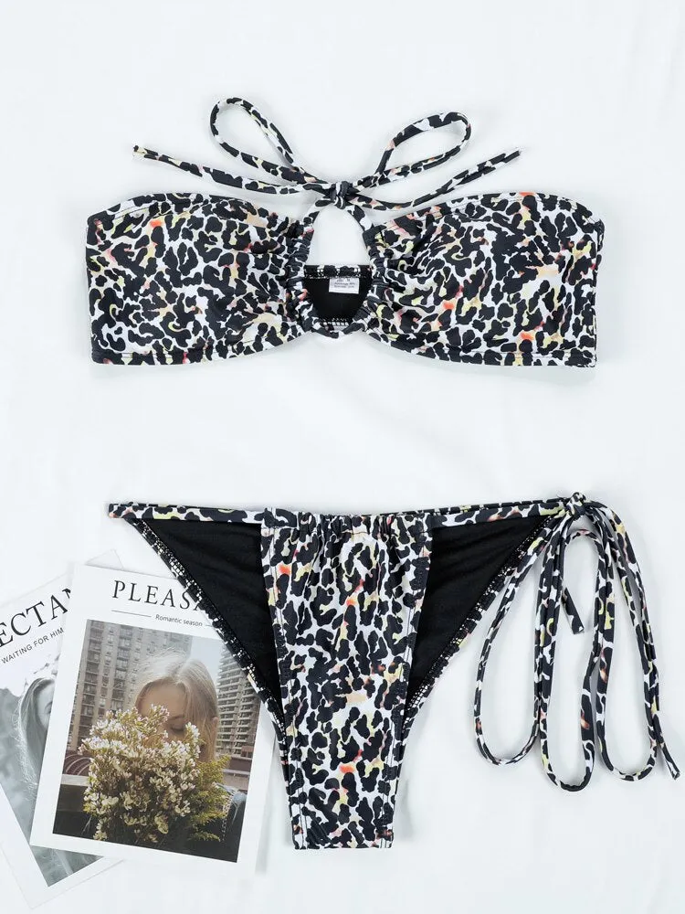 Bandage Swimwear Floral Print Bikinis Micro Thong Halter Swimsuit Women 2022 New Bikini Set Summer Beach Wear Mujer Sexy Biquini