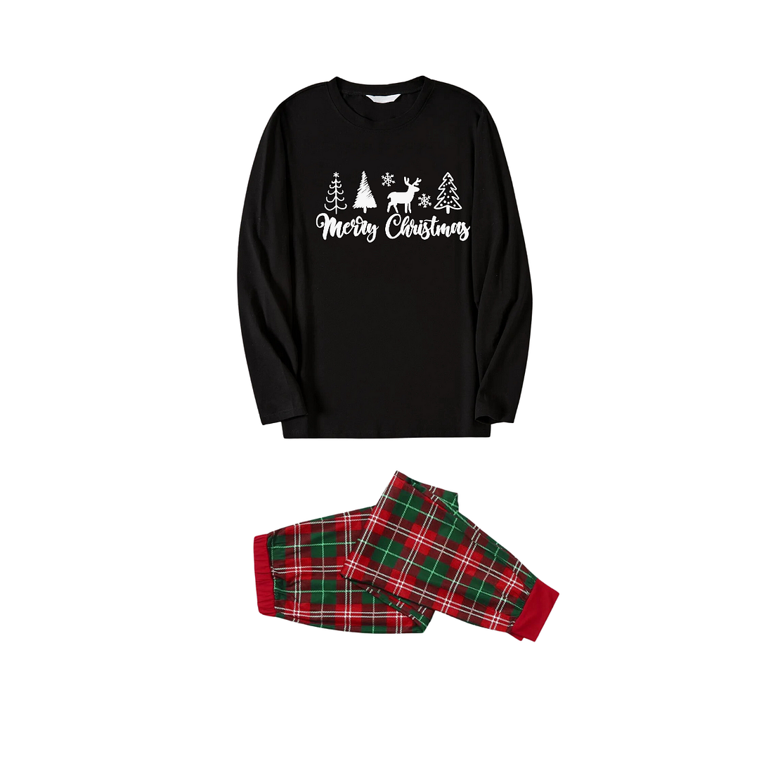 Merry Chirstmas Text Pattern Red and Green Plaid Family Matching Pajamas