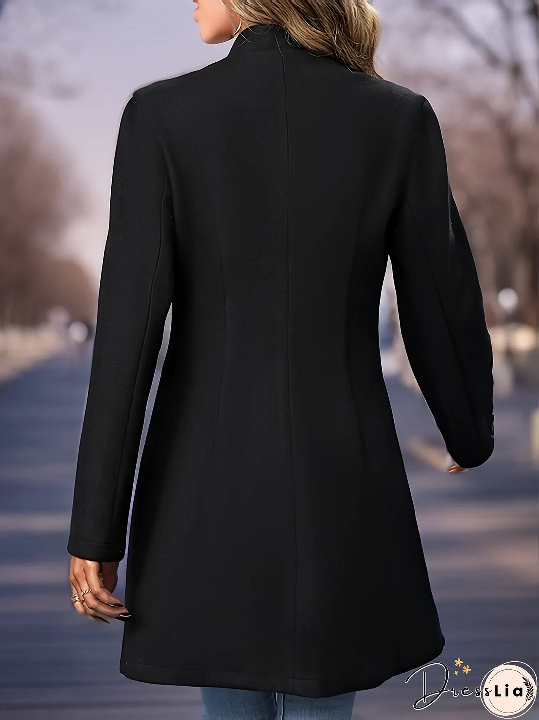 Solid Button Front Tunic Overcoat, Elegant Long Sleeve Winter Outwear, Women's Clothing